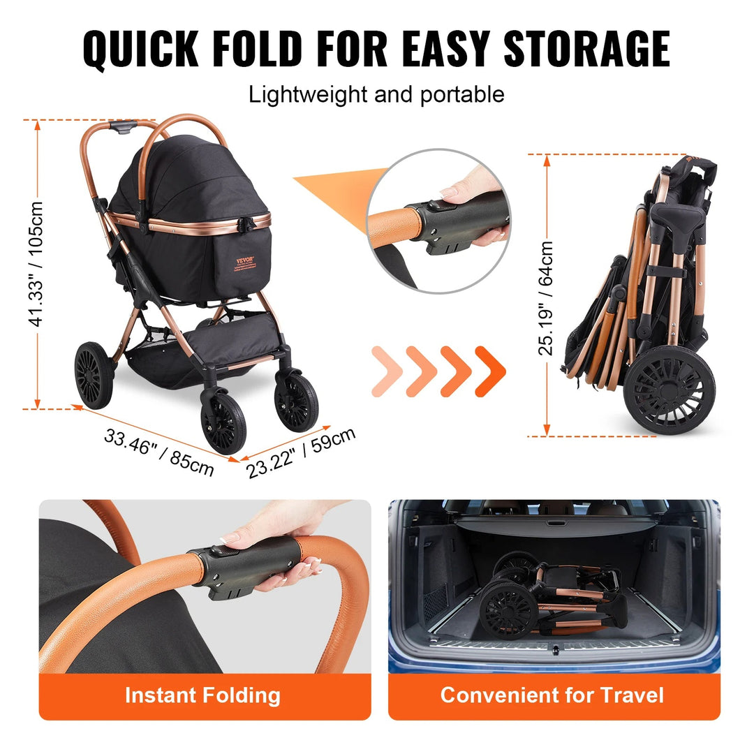 Easy-Fold dog stroller with detachable basket, breathable mesh panels, and rear wheel brakes for small dogs.
