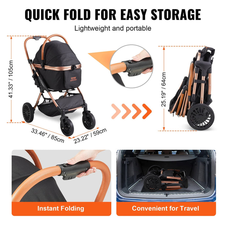 Easy-Fold dog stroller with detachable basket, breathable mesh panels, and rear wheel brakes for small dogs.