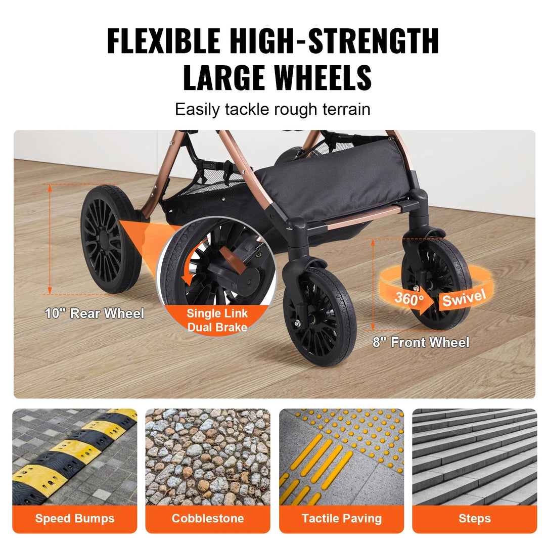Easy-Fold dog stroller with detachable basket, breathable mesh panels, and rear wheel brakes for small dogs.