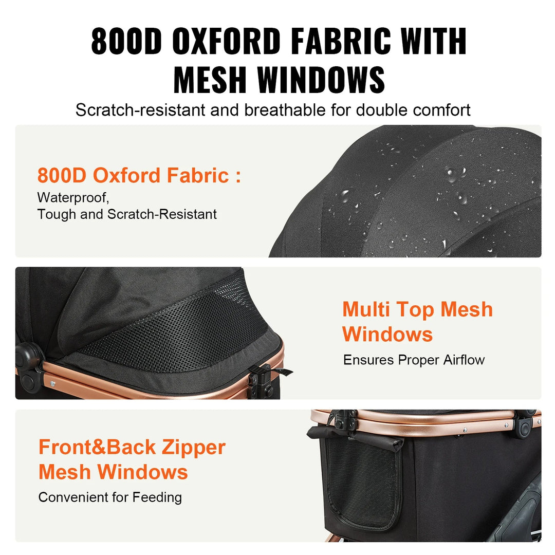 Easy-Fold dog stroller with detachable basket, breathable mesh panels, and rear wheel brakes for small dogs.