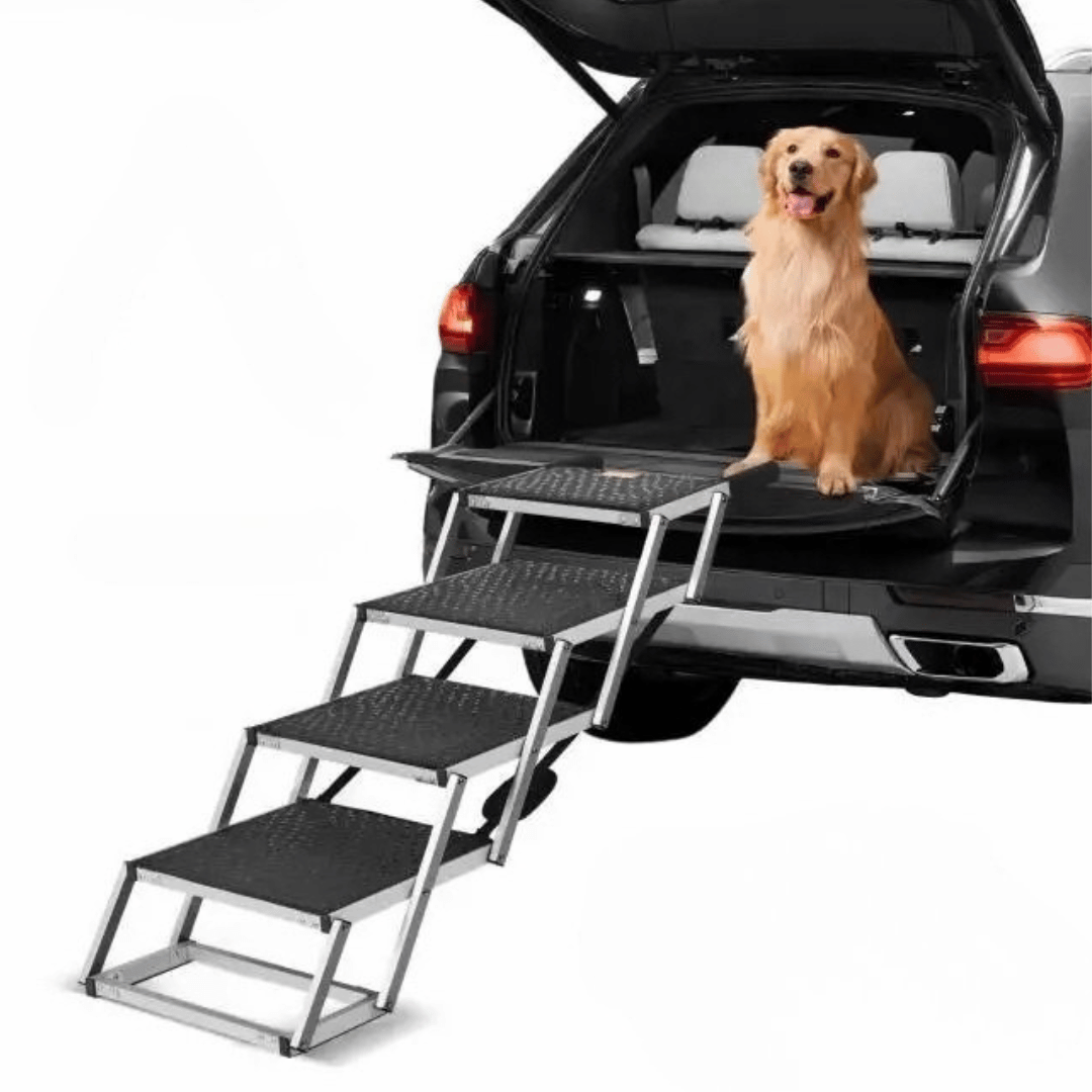 "Easy-Hop folding dog car steps with slip-resistant surface, adjustable height, and durable aluminum frame for pet safety."
