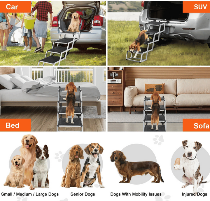 "Easy-Hop folding dog car steps with slip-resistant surface, adjustable height, and durable aluminum frame for pet safety."
