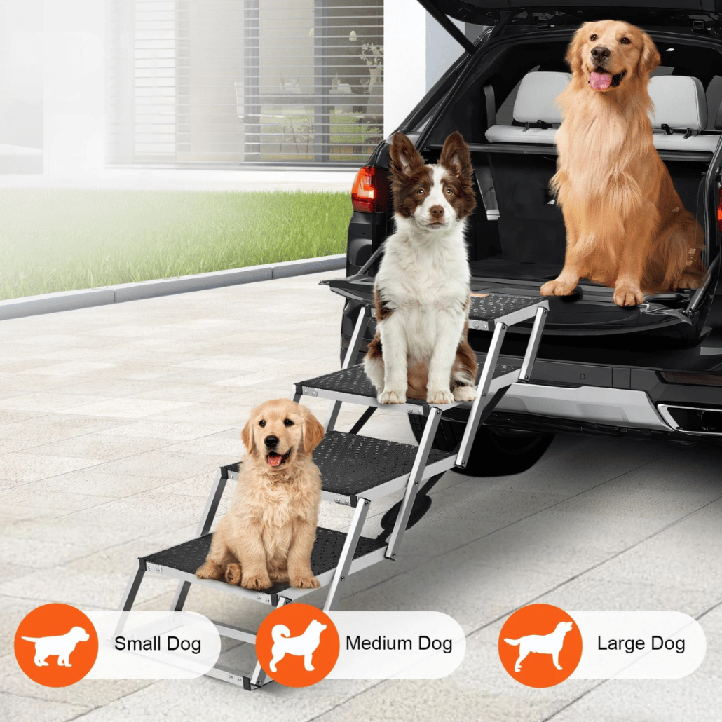 "Easy-Hop folding dog car steps with slip-resistant surface, adjustable height, and durable aluminum frame for pet safety."
