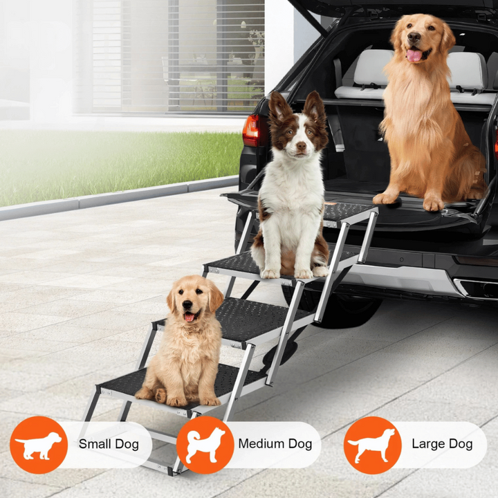 "Easy-Hop folding dog car steps with slip-resistant surface, adjustable height, and durable aluminum frame for pet safety."