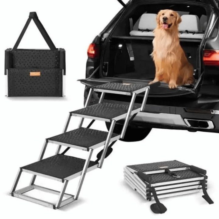 "Easy-Hop folding dog car steps with slip-resistant surface, adjustable height, and durable aluminum frame for pet safety."