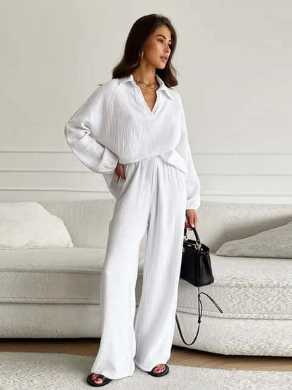 Women's Cotton Loungewear Set - V-Neck & Wide Leg