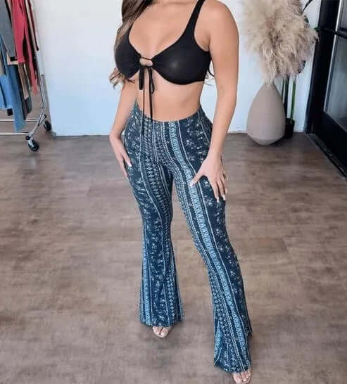 High-Waisted Patterned Flare Trousers