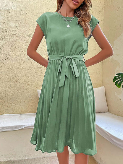 Women's Pleated Midi Dress with Tie Waist