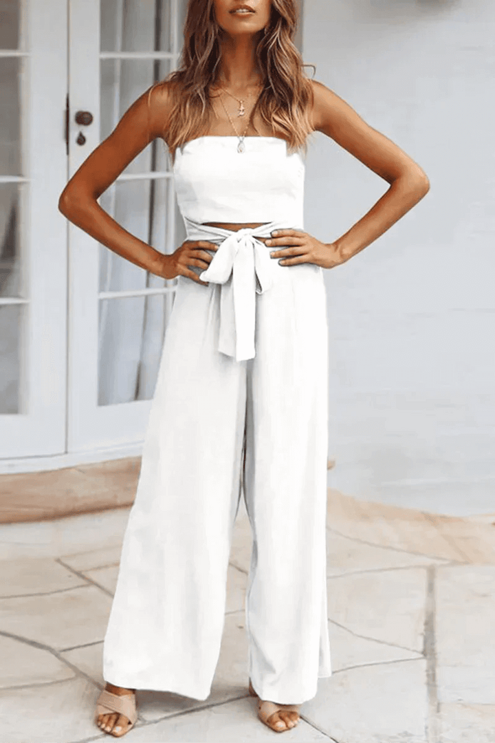 Women's Strapless Wide Leg Jumpsuit with Tie Waist