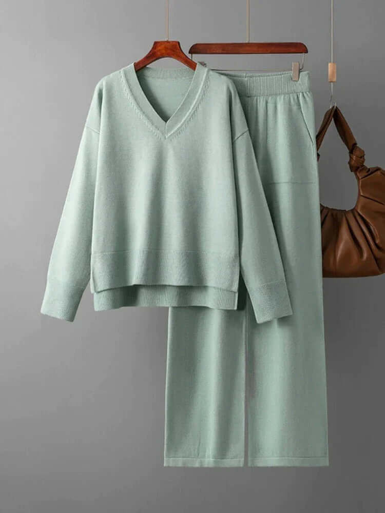 Women's V-Neck Sweater and Wide-Leg Trousers Set