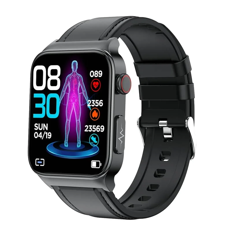 ECG Smart Watch for men and women, large HD touch screen, black band, health monitoring sensors visible on front.