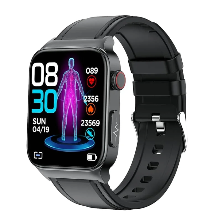 ECG Smart Watch for men and women, large HD touch screen, black band, health monitoring sensors visible on front.