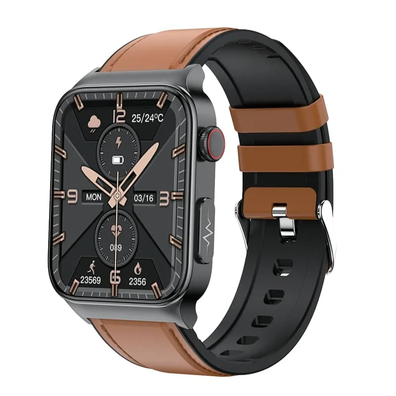"ECG smart watch for men and women with 1.83'' HD touch screen, health monitoring features, and sleek black design."