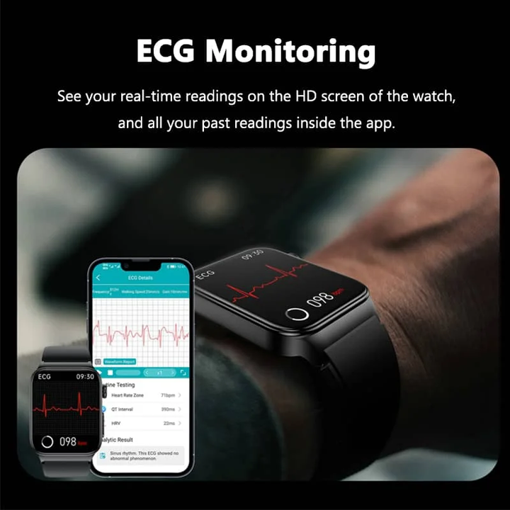 "ECG smart watch for men and women with 1.83'' HD touch screen, health monitoring features, and sleek black design."
