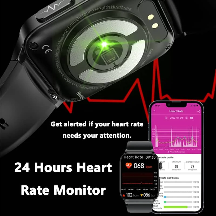 "ECG smart watch for men and women with 1.83'' HD touch screen, health monitoring features, and sleek black design."