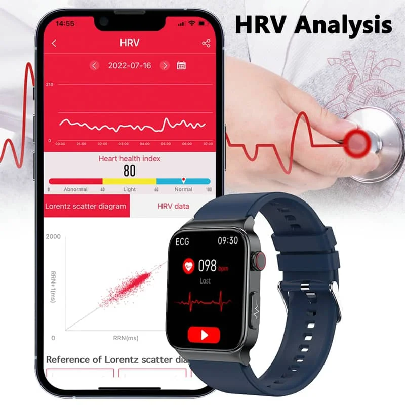 "ECG smart watch for men and women with 1.83'' HD touch screen, health monitoring features, and sleek black design."