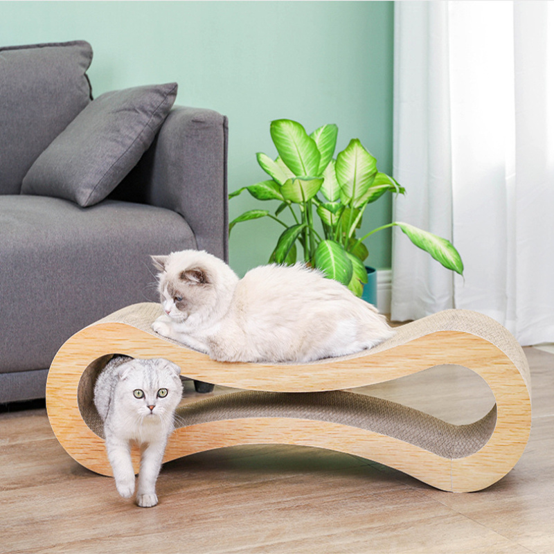 "Eco-friendly cat scratching lounge with wood-like design, spacious, promoting feline comfort and claw health."