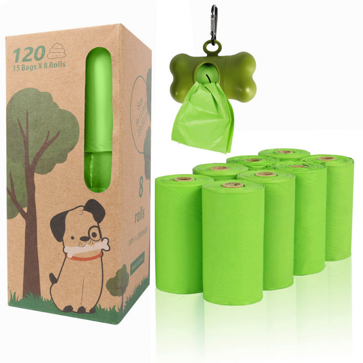 "Eco-friendly pet waste bags with durable dispenser, 120 biodegradable, leak-proof bags for clean, convenient pet care."