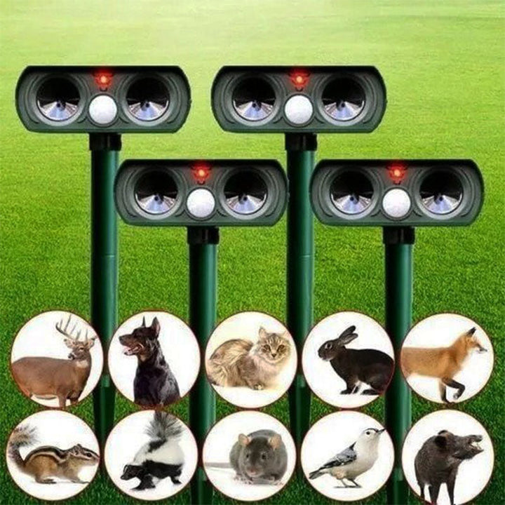 Eco-friendly solar-powered ultrasonic animal repeller, weather-resistant, uses solar energy, modern design for garden protect