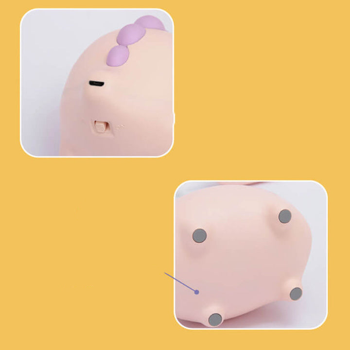 Eco-friendly T-Rex LED desk light for kids; whimsical dino shape, adjustable neck, soft eye-caring light; available in yellow