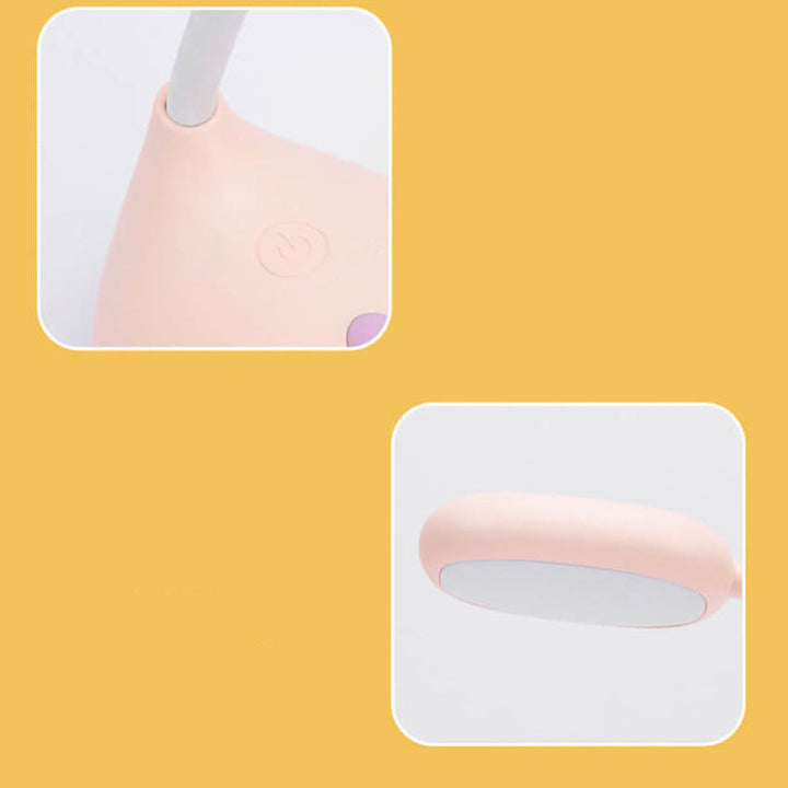 Eco-friendly T-Rex LED desk light for kids; whimsical dino shape, adjustable neck, soft eye-caring light; available in yellow