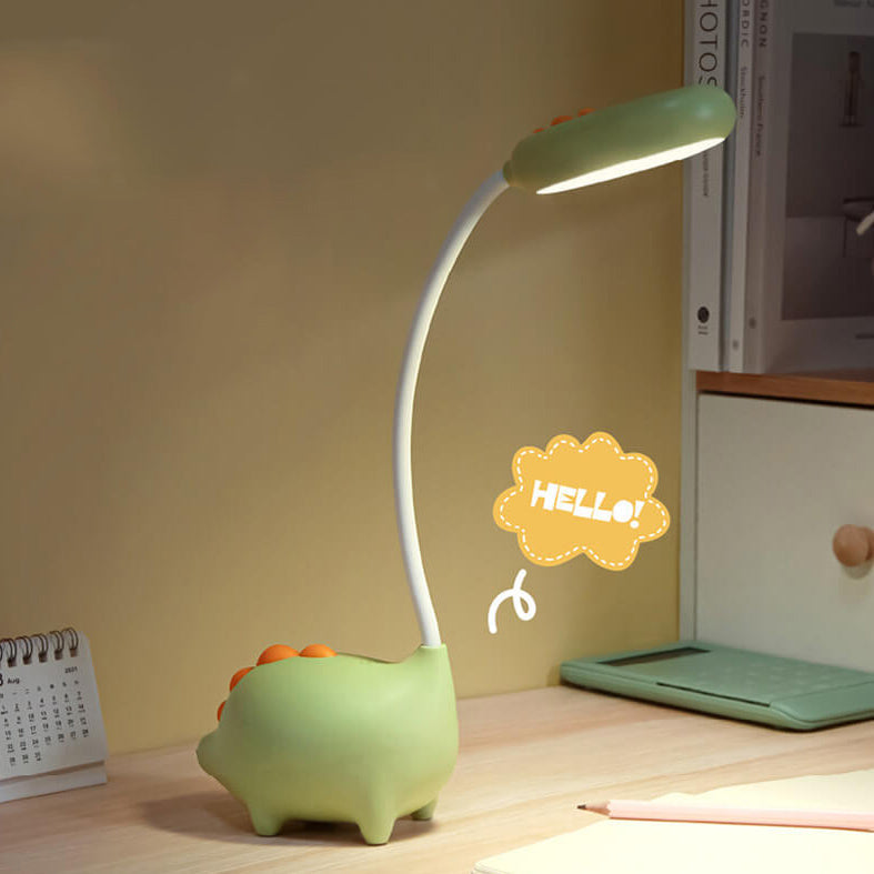 Eco-friendly T-Rex LED desk light for kids; whimsical dino shape, adjustable neck, soft eye-caring light; available in yellow