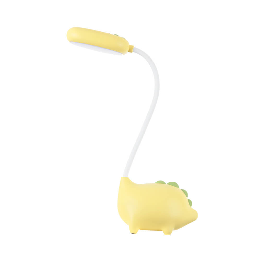 Eco-friendly T-Rex LED desk light for kids; whimsical dino shape, adjustable neck, soft eye-caring light; available in yellow