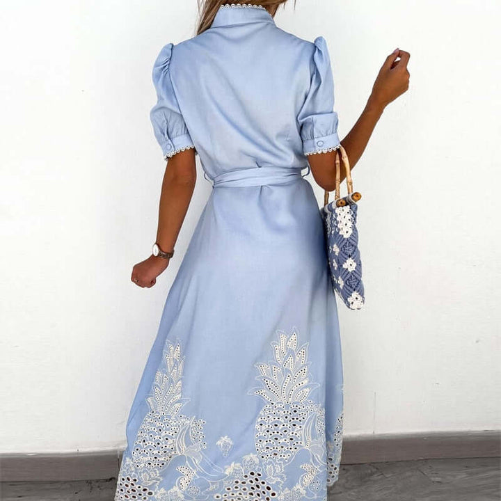 Embroidered Blue Dress - Elegant A-Line Dress for Women