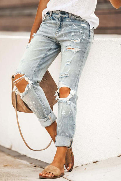 Women's High-Waisted Straight Leg Ripped Jeans