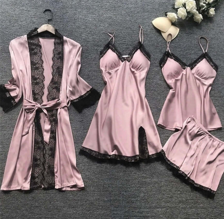 Women's 5-Piece Satin Sleepwear Set with Lace