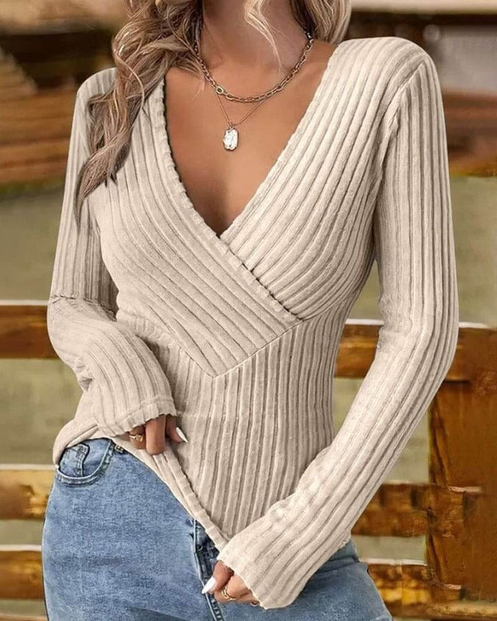 Women's Ribbed Wrap V-Neck Sweater