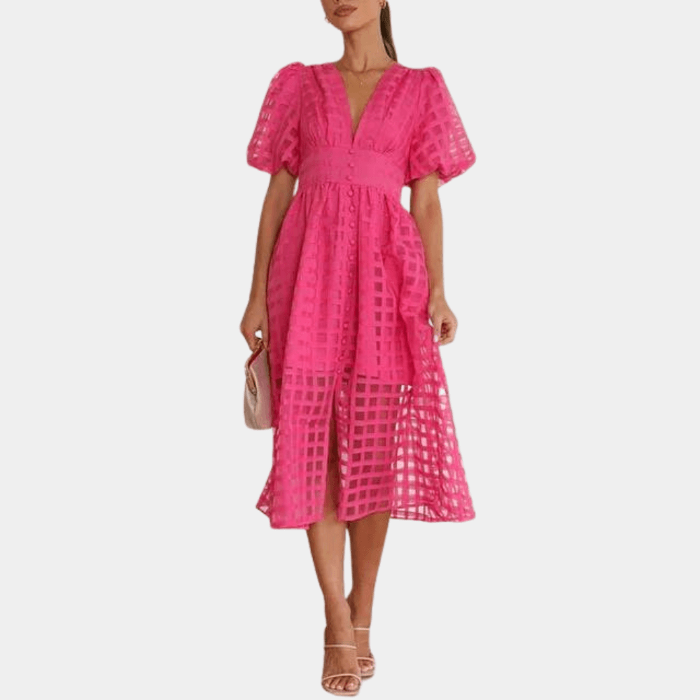 Checkered Sheer Midi Dress with Puff Sleeves - Women's