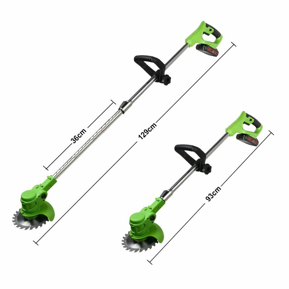 "Electric cordless weed eater with 24V motor, ergonomic handle, adjustable length, durable aluminum and plastic design."