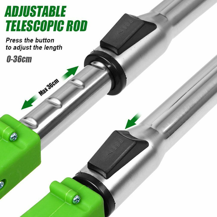 "Electric cordless weed eater with 24V motor, ergonomic handle, adjustable length, durable aluminum and plastic design."