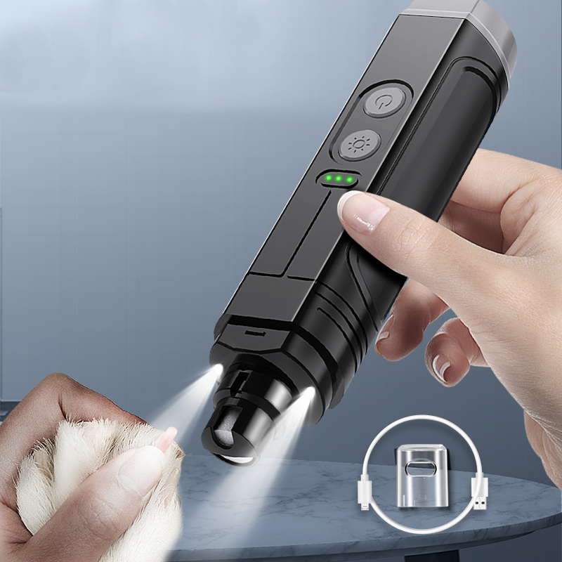 Electric LED pet nail clipper for dogs and cats, featuring USB rechargeable design and precision LED light for safe trimming.