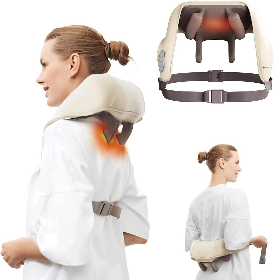 "Electric neck and back massager in beige, ergonomic design for deep tissue relief, adjustable heat and speed settings."