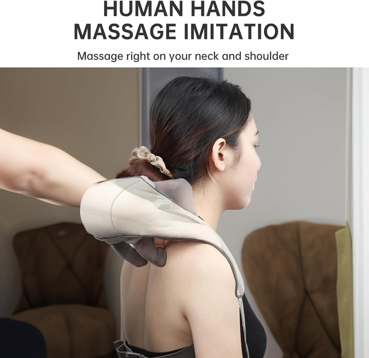 "Electric neck and back massager in beige, ergonomic design for deep tissue relief, adjustable heat and speed settings."
