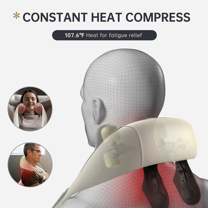 "Electric neck and back massager in beige, ergonomic design for deep tissue relief, adjustable heat and speed settings."