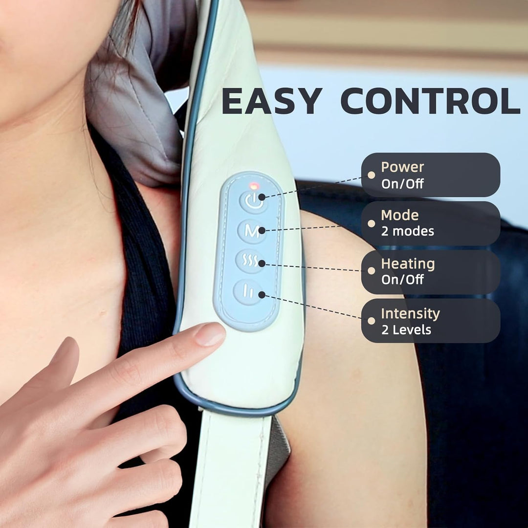 "Electric neck and back massager in beige, ergonomic design for deep tissue relief, adjustable heat and speed settings."