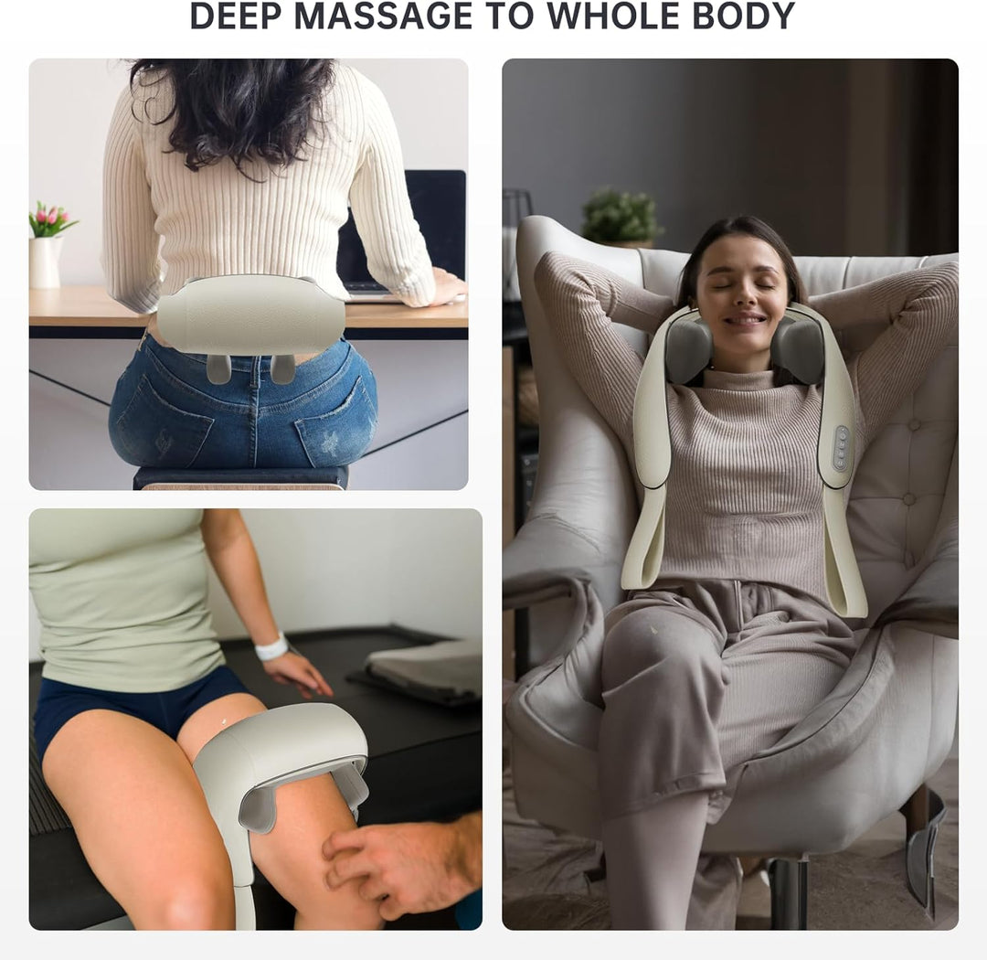 "Electric neck and back massager in beige, ergonomic design for deep tissue relief, adjustable heat and speed settings."