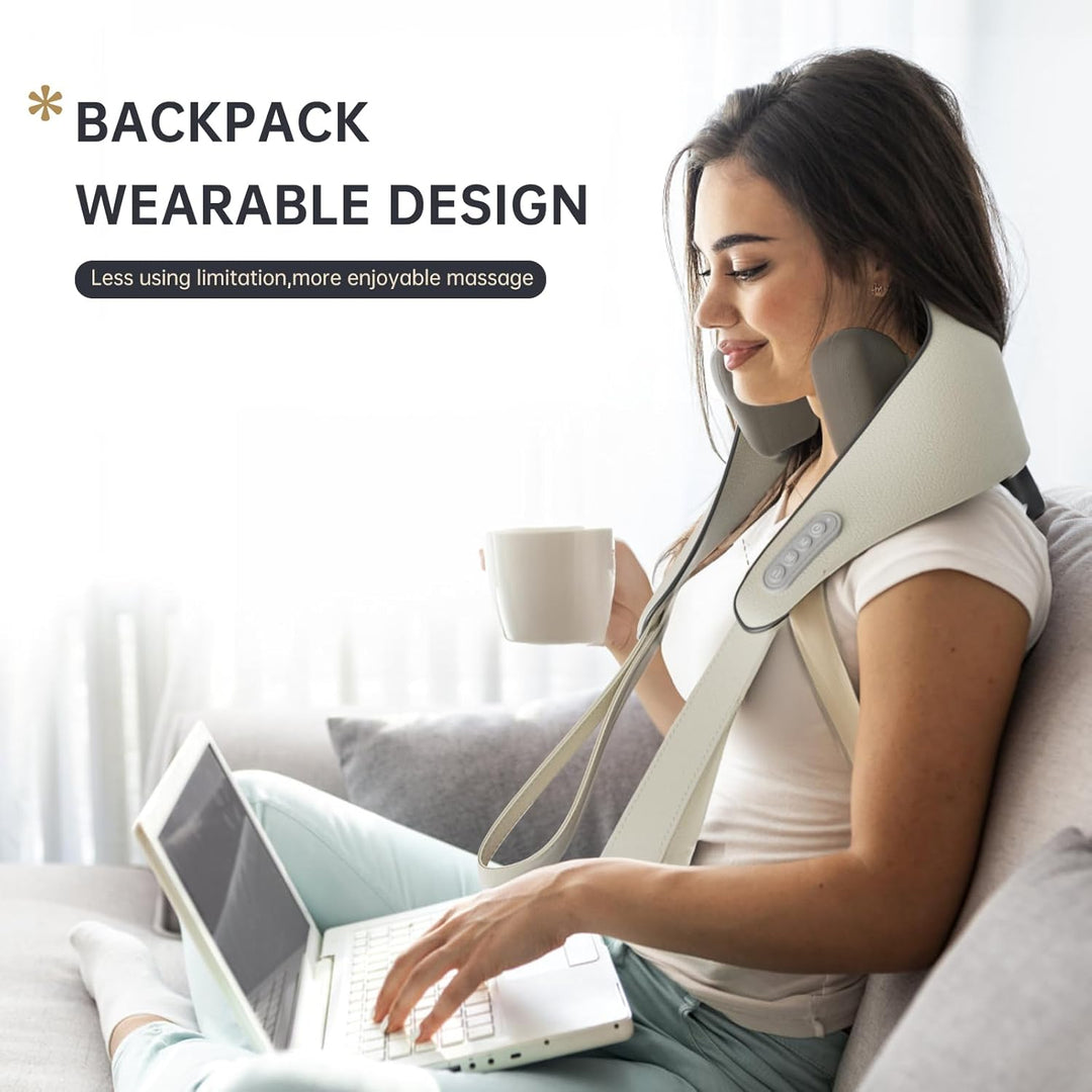 "Electric neck and back massager in beige, ergonomic design for deep tissue relief, adjustable heat and speed settings."