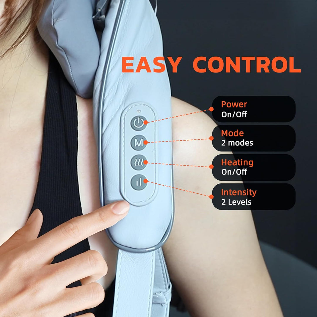 "Electric neck and back massager in beige, ergonomic design for deep tissue relief, adjustable heat and speed settings."