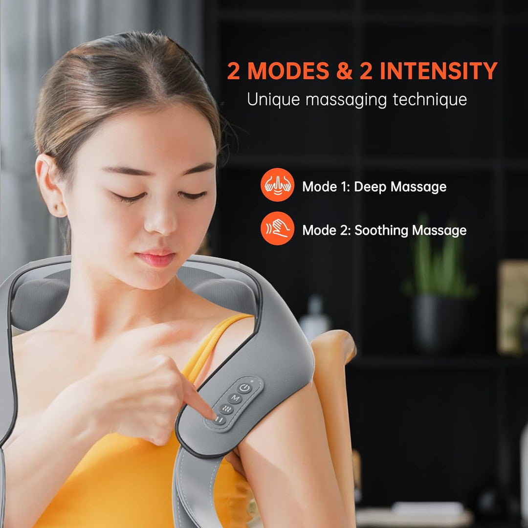 "Electric neck and back massager in beige, ergonomic design for deep tissue relief, adjustable heat and speed settings."