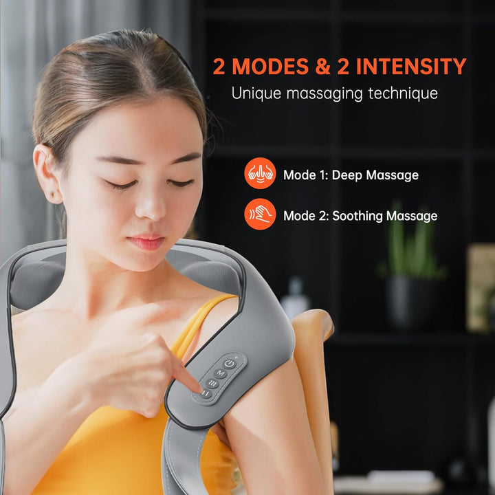 "Electric neck and back massager in beige, ergonomic design for deep tissue relief, adjustable heat and speed settings."