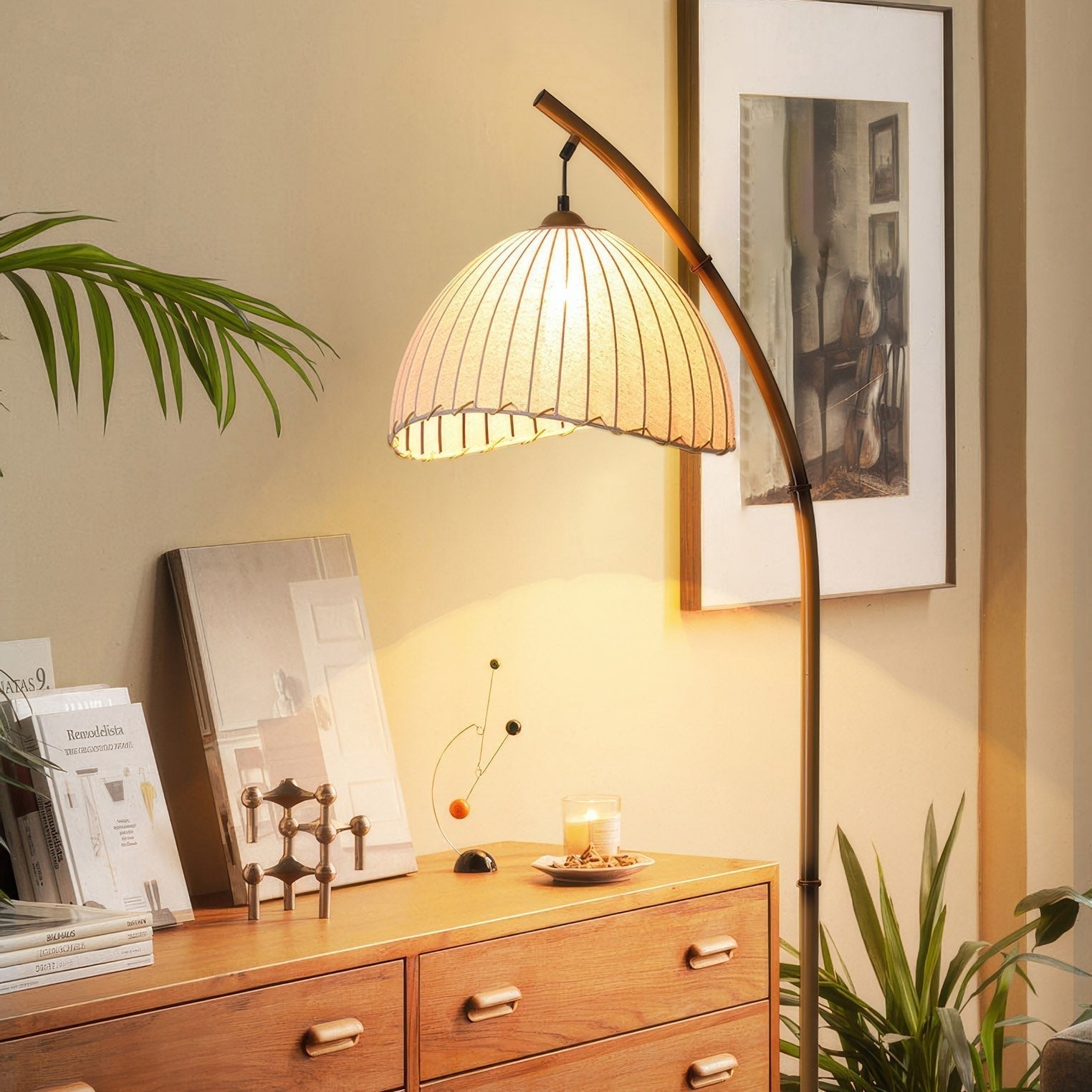 Elegant bamboo floor lamp with fabric shade, offering ambient lighting for a relaxing ambiance in home decor settings.