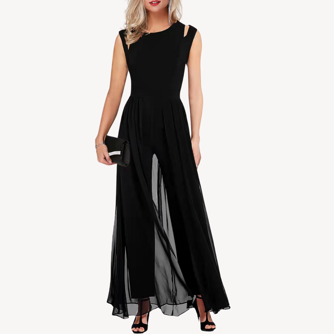 "Elegant black chiffon jumpsuit, sleeveless with wide-leg pants, perfect for formal events and enhancing silhouette."