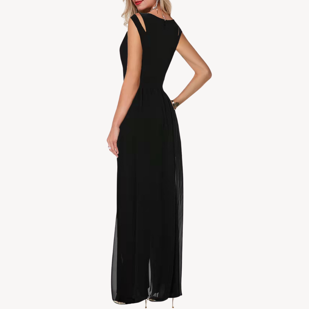 "Elegant black chiffon jumpsuit, sleeveless with wide-leg pants, perfect for formal events and enhancing silhouette."