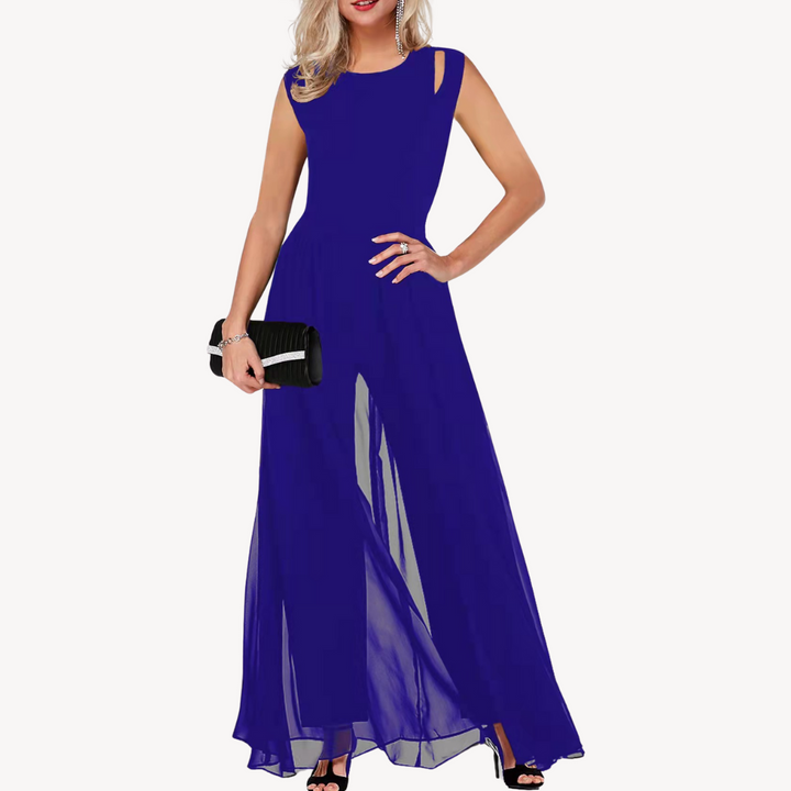 "Elegant black chiffon jumpsuit, sleeveless with wide-leg pants, perfect for formal events and enhancing silhouette."