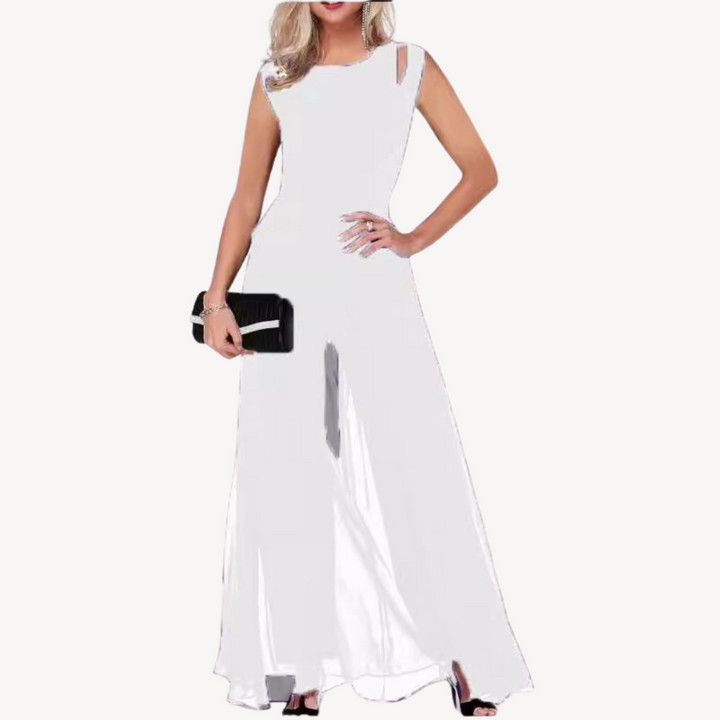 "Elegant black chiffon jumpsuit, sleeveless with wide-leg pants, perfect for formal events and enhancing silhouette."