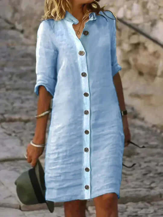 "Elegant blue linen dress with airy feminine silhouette for women, offering comfort and style, perfect for various occasions.